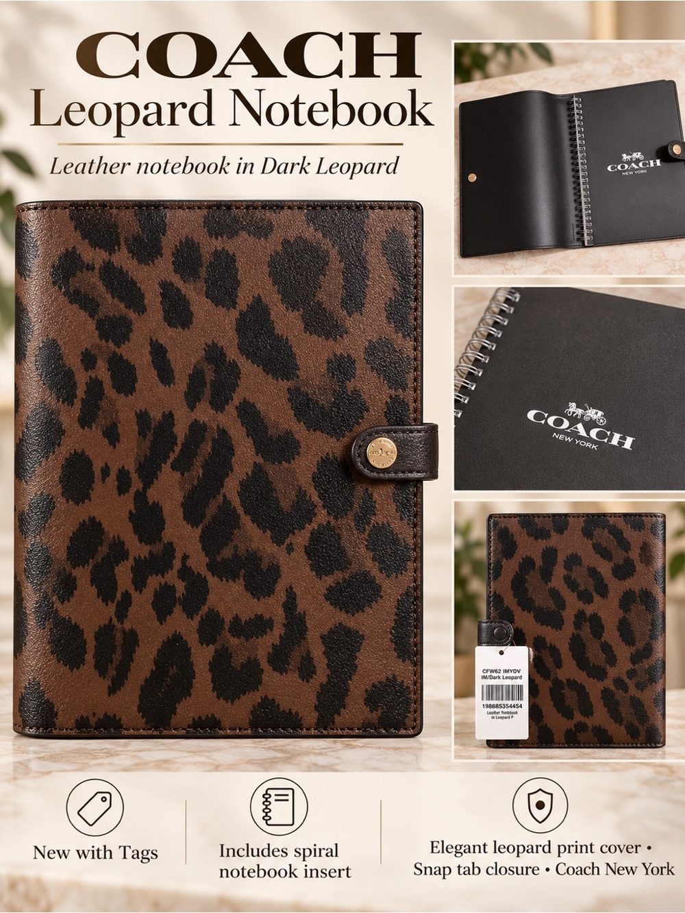 COACH Dark Leopard Leather Notebook Cover in Brown and Black